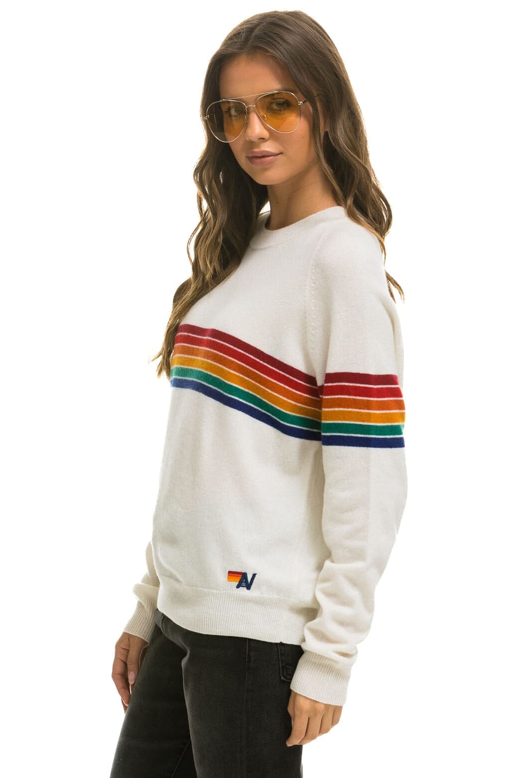 Retro RAINBOW STRIPE 6 UNISEX LIGHT CASHMERE SWEATER - SNOW