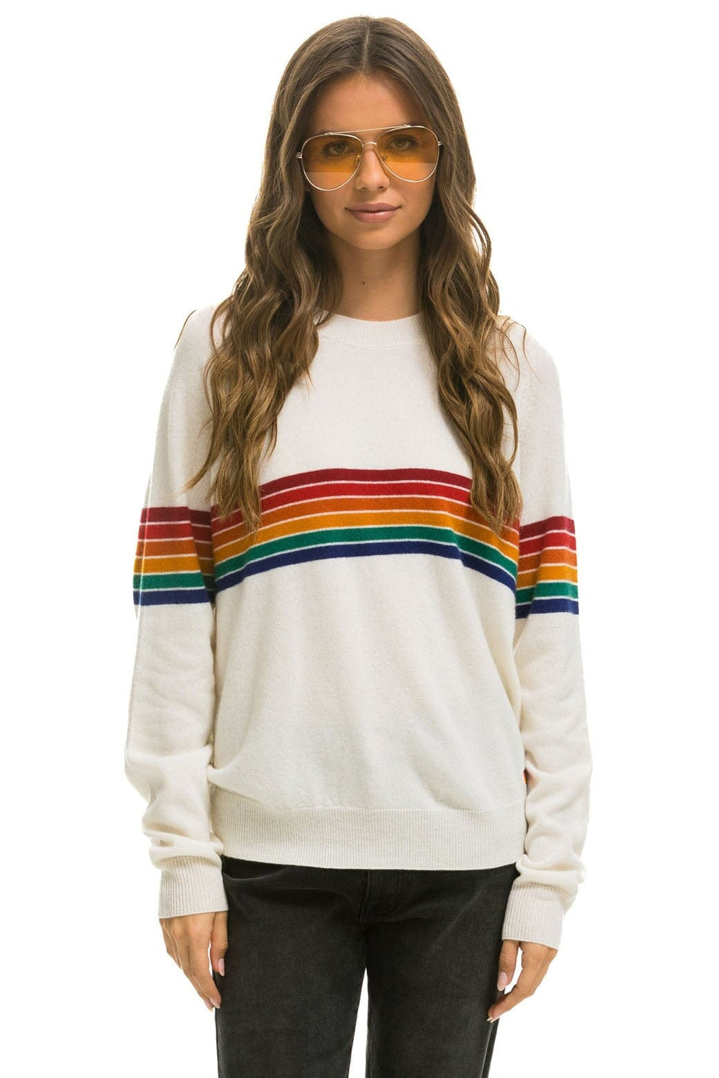 Retro RAINBOW STRIPE 6 UNISEX LIGHT CASHMERE SWEATER - SNOW