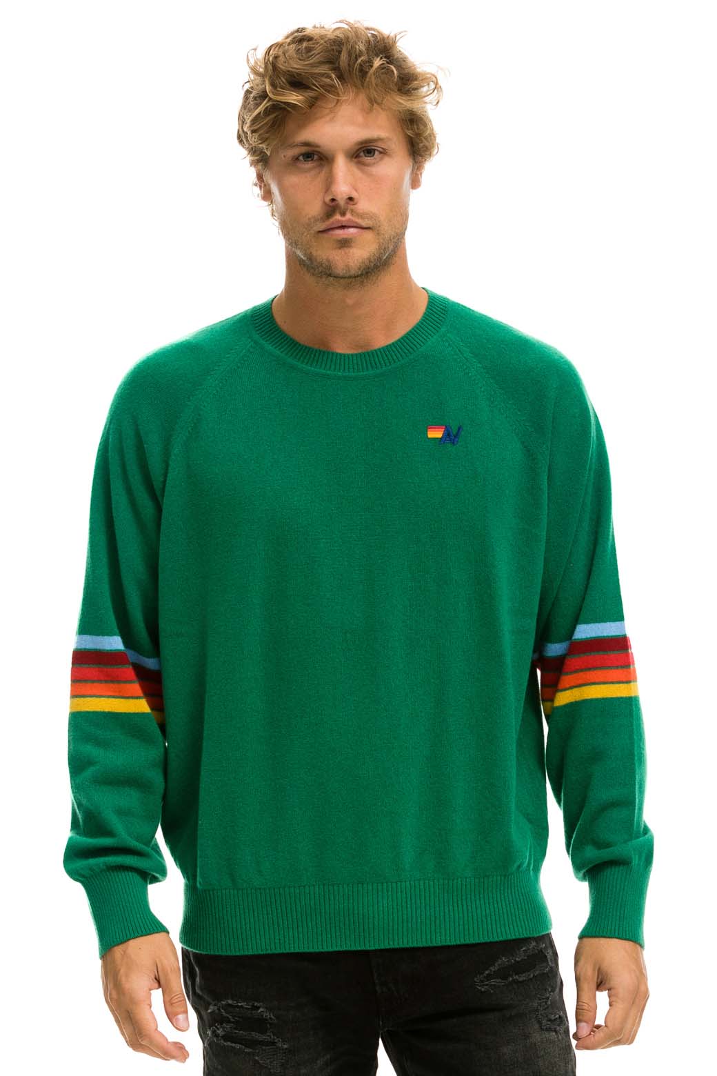 Retro RAINBOW STRIPE SLEEVE UNISEX CASHMERE LIGHT SWEATER - AMAZON