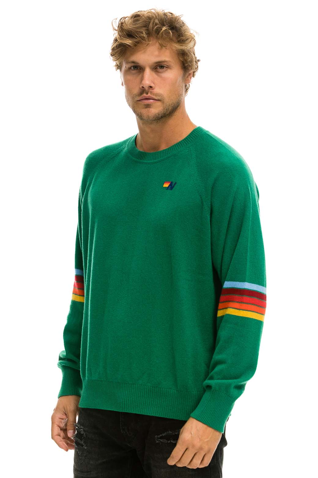 Retro RAINBOW STRIPE SLEEVE UNISEX CASHMERE LIGHT SWEATER - AMAZON