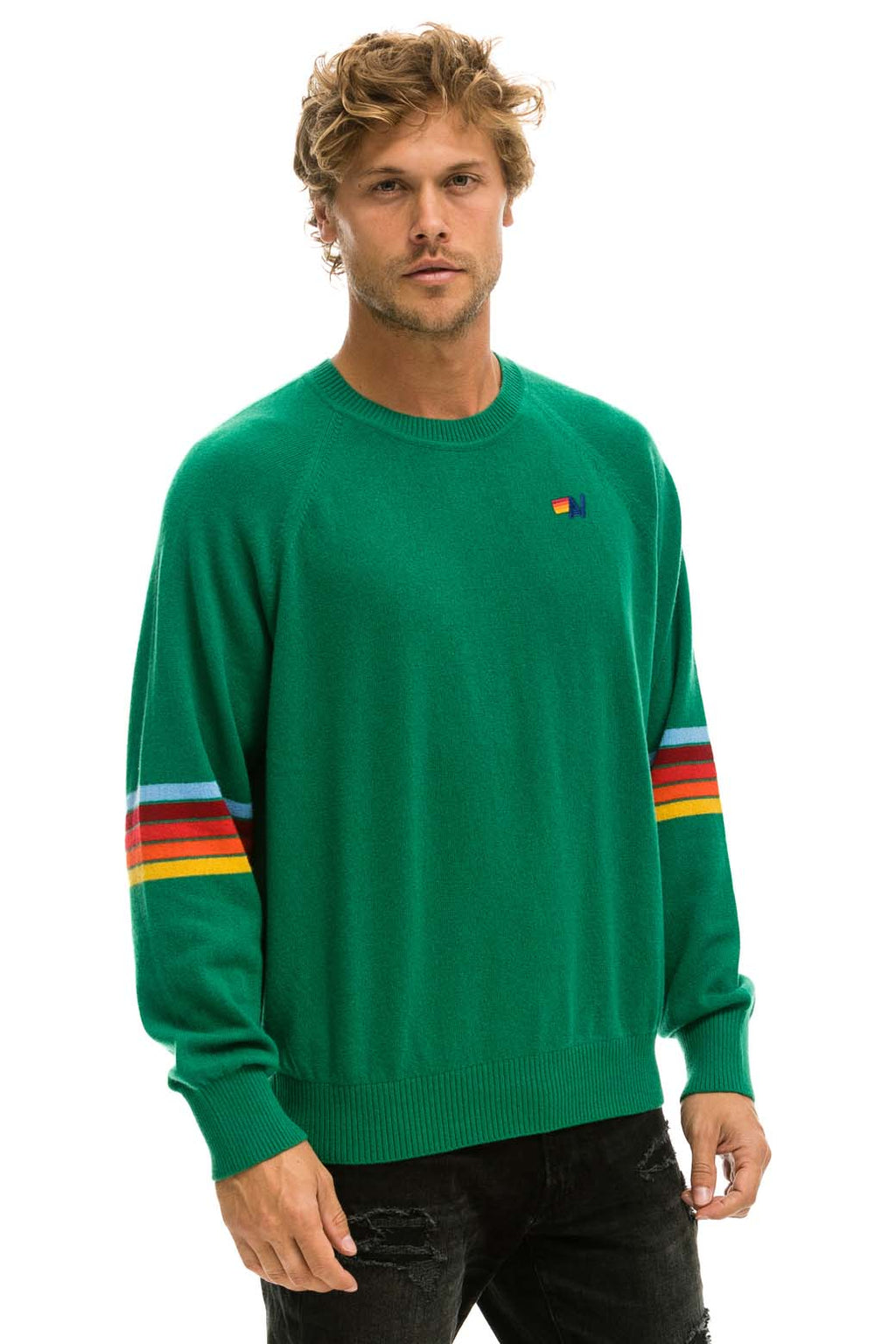 Retro RAINBOW STRIPE SLEEVE UNISEX CASHMERE LIGHT SWEATER - AMAZON