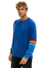 Retro RAINBOW STRIPE SLEEVE UNISEX CASHMERE LIGHT SWEATER - VINTAGE BLUE