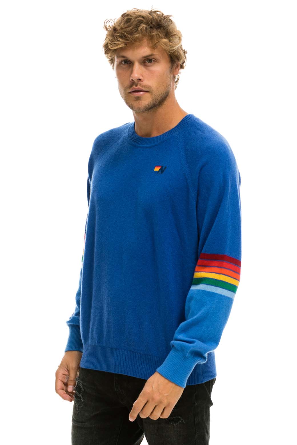 Retro RAINBOW STRIPE SLEEVE UNISEX CASHMERE LIGHT SWEATER - VINTAGE BLUE