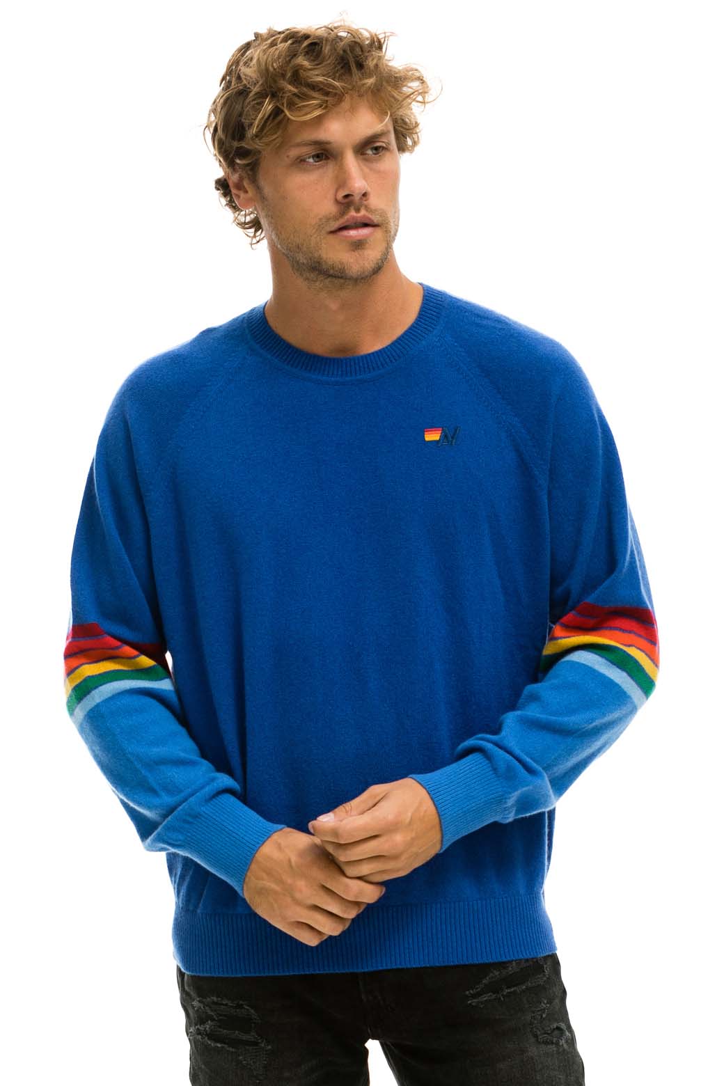 Retro RAINBOW STRIPE SLEEVE UNISEX CASHMERE LIGHT SWEATER - VINTAGE BLUE