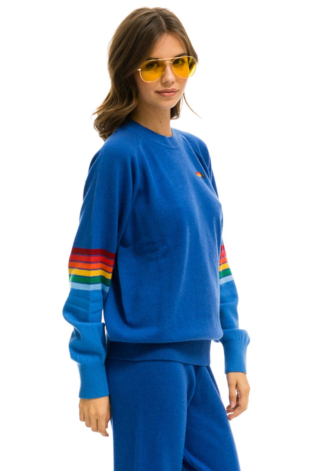 Retro RAINBOW STRIPE SLEEVE UNISEX CASHMERE LIGHT SWEATER - VINTAGE BLUE