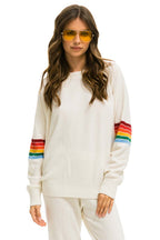 Retro RAINBOW STRIPE SLEEVE UNISEX CASHMERE LIGHT SWEATER - VINTAGE WHITE