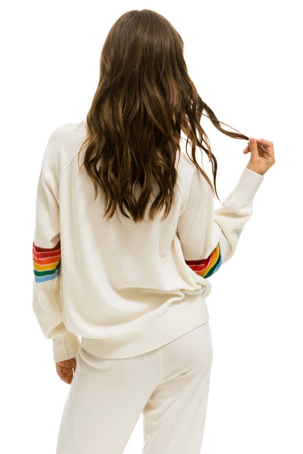Retro RAINBOW STRIPE SLEEVE UNISEX CASHMERE LIGHT SWEATER - VINTAGE WHITE