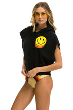 Retro SMILEY SUNSET SLEEVELESS RELAXED CROPPED PULLOVER HOODIE - BLACK