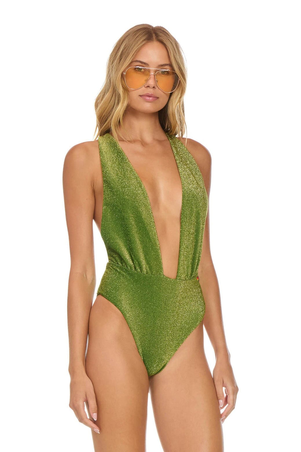 Retro SPARKLE COMO DEEP PLUNGE CROSS BACK WOMENS ONE PIECE - ARMY