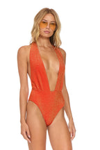 Retro SPARKLE COMO DEEP PLUNGE CROSS BACK WOMENS ONE PIECE - HOT CORAL