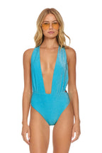Retro SPARKLE COMO DEEP PLUNGE CROSS BACK WOMENS ONE PIECE - SKY