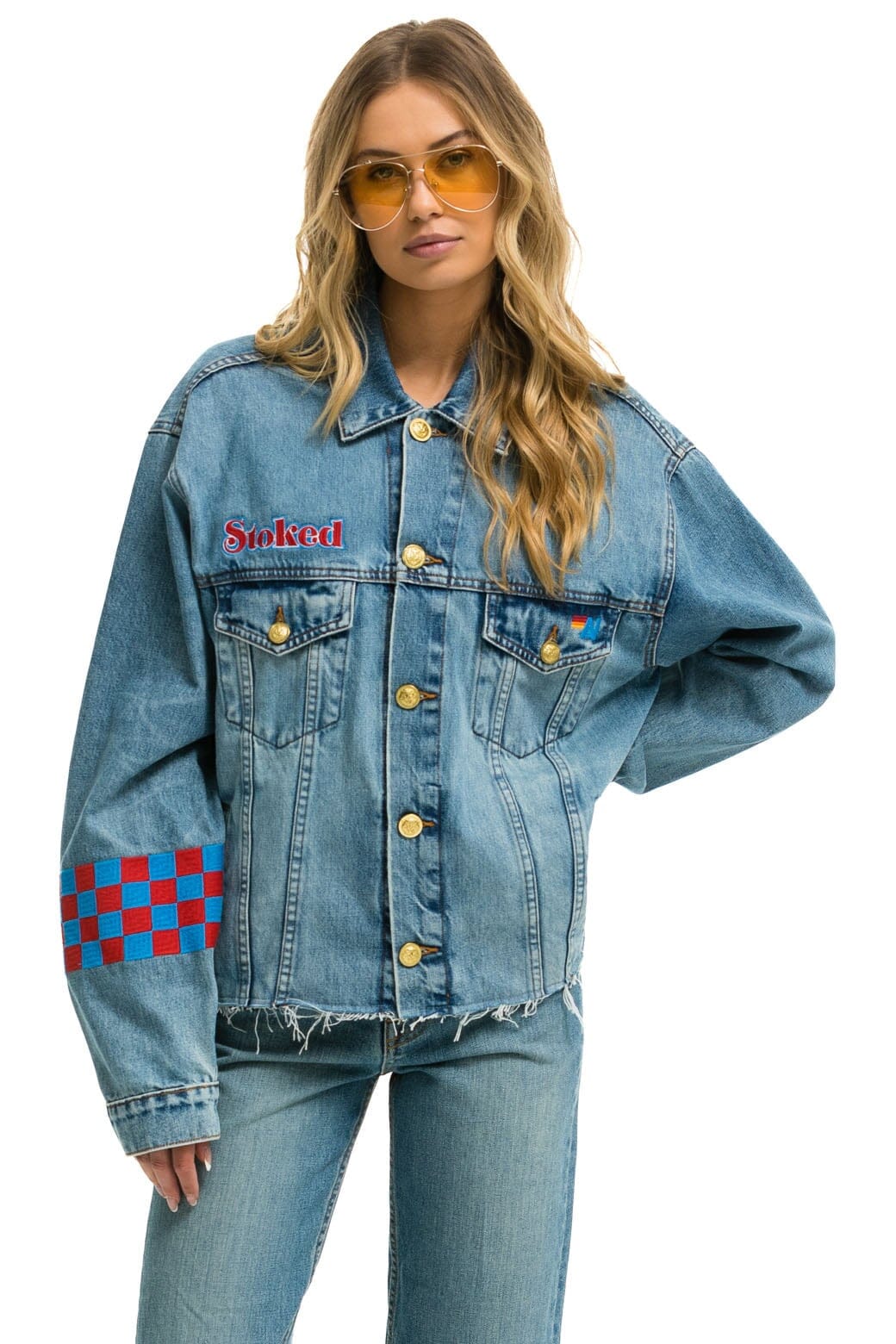 Retro STOKED BOLT SMILEY OVERSIZED CUTOFF DENIM JACKET - VINTAGE