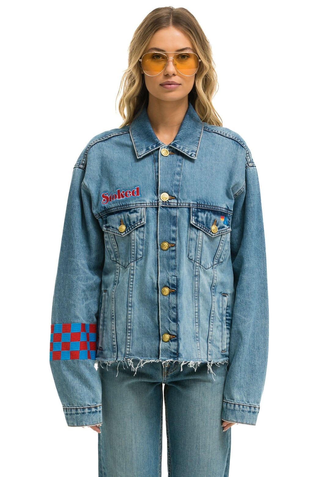 Retro STOKED BOLT SMILEY OVERSIZED CUTOFF DENIM JACKET - VINTAGE