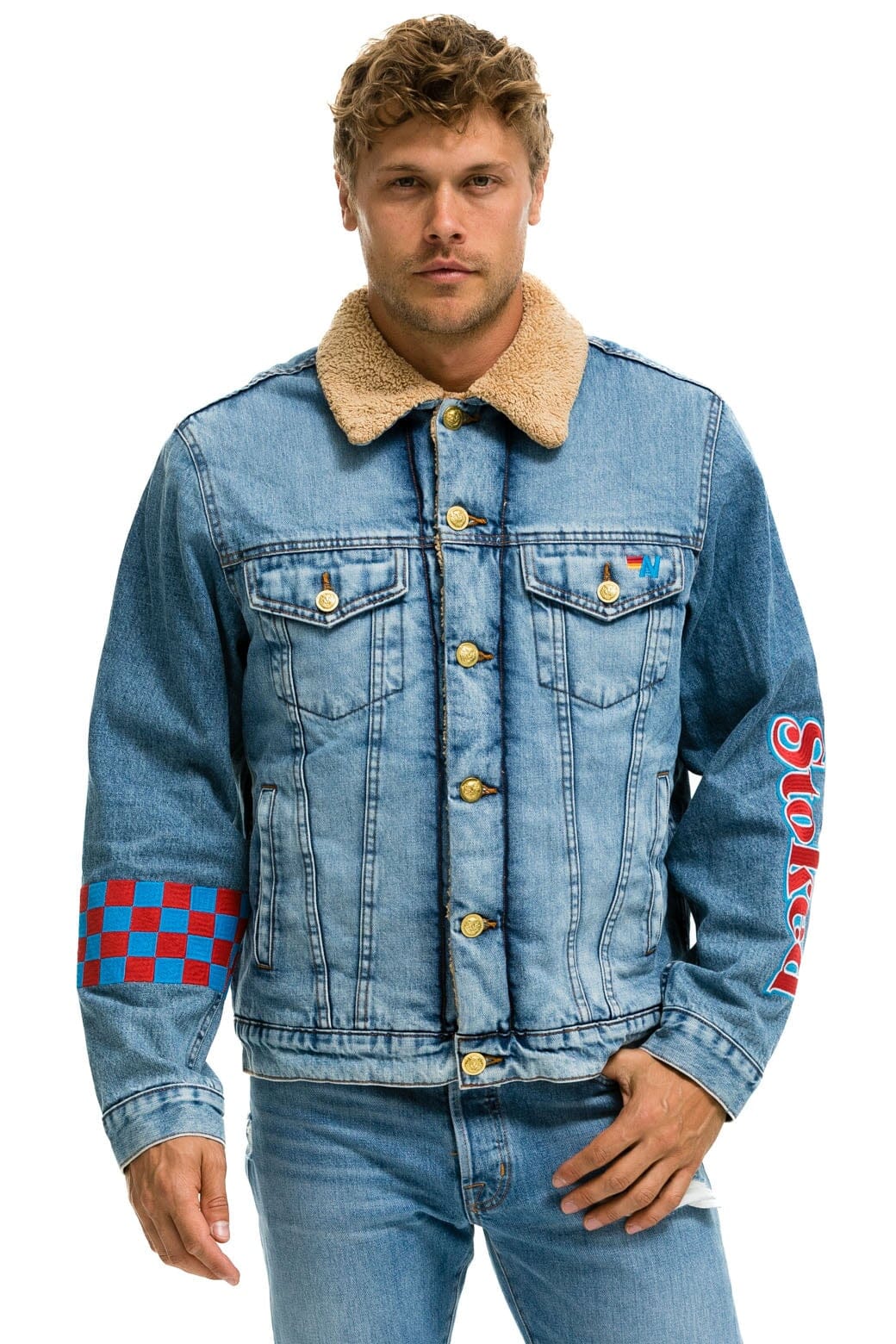 Retro STOKED BOLT SMILEY RANCH SHERPA DENIM JACKET- SUPER LIGHT