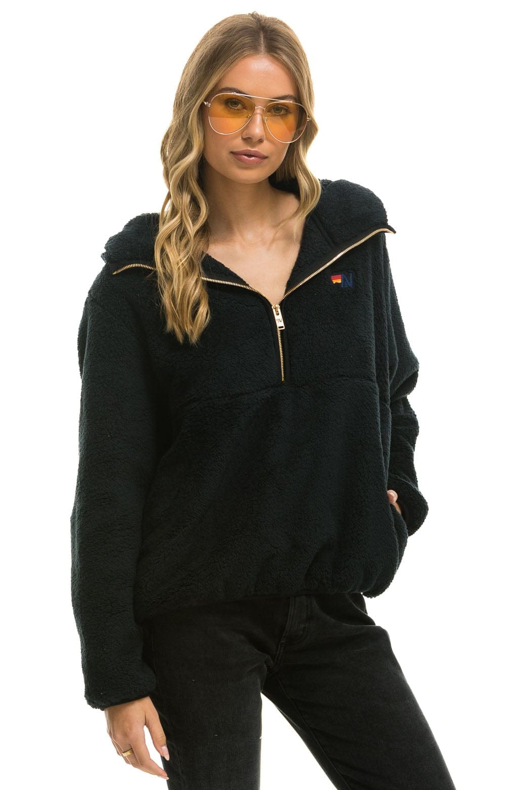 Retro TEDDY APRES HOODED HALF ZIP JACKET - BLACK