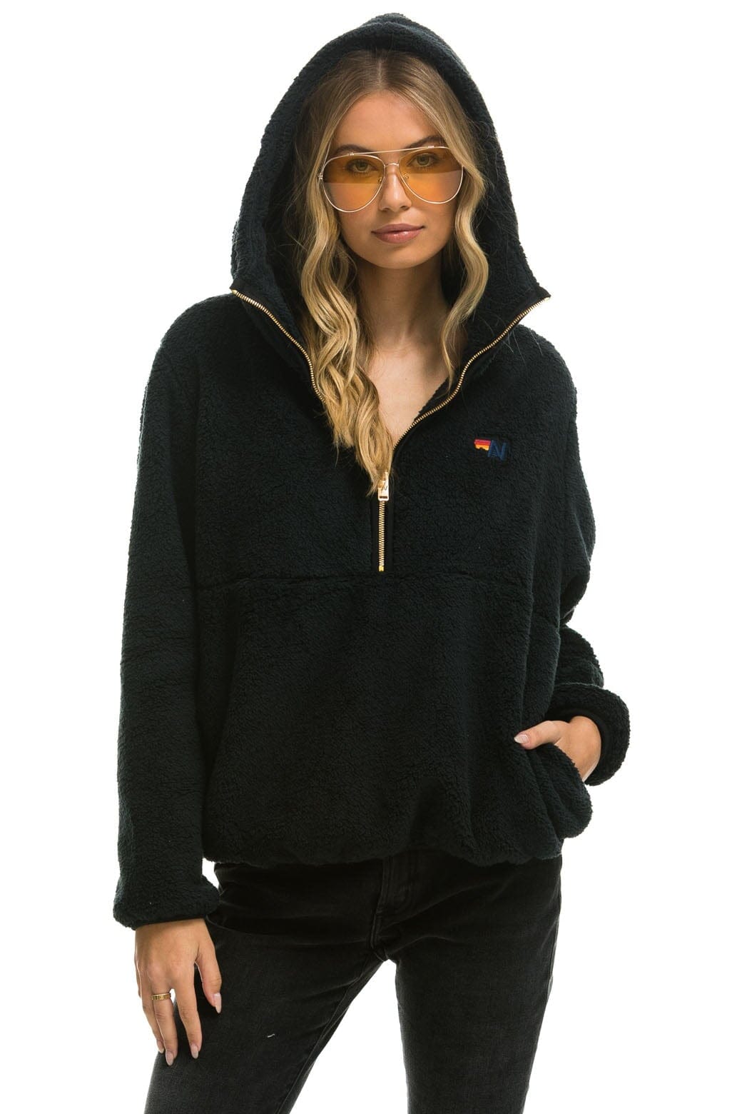 Retro TEDDY APRES HOODED HALF ZIP JACKET - BLACK
