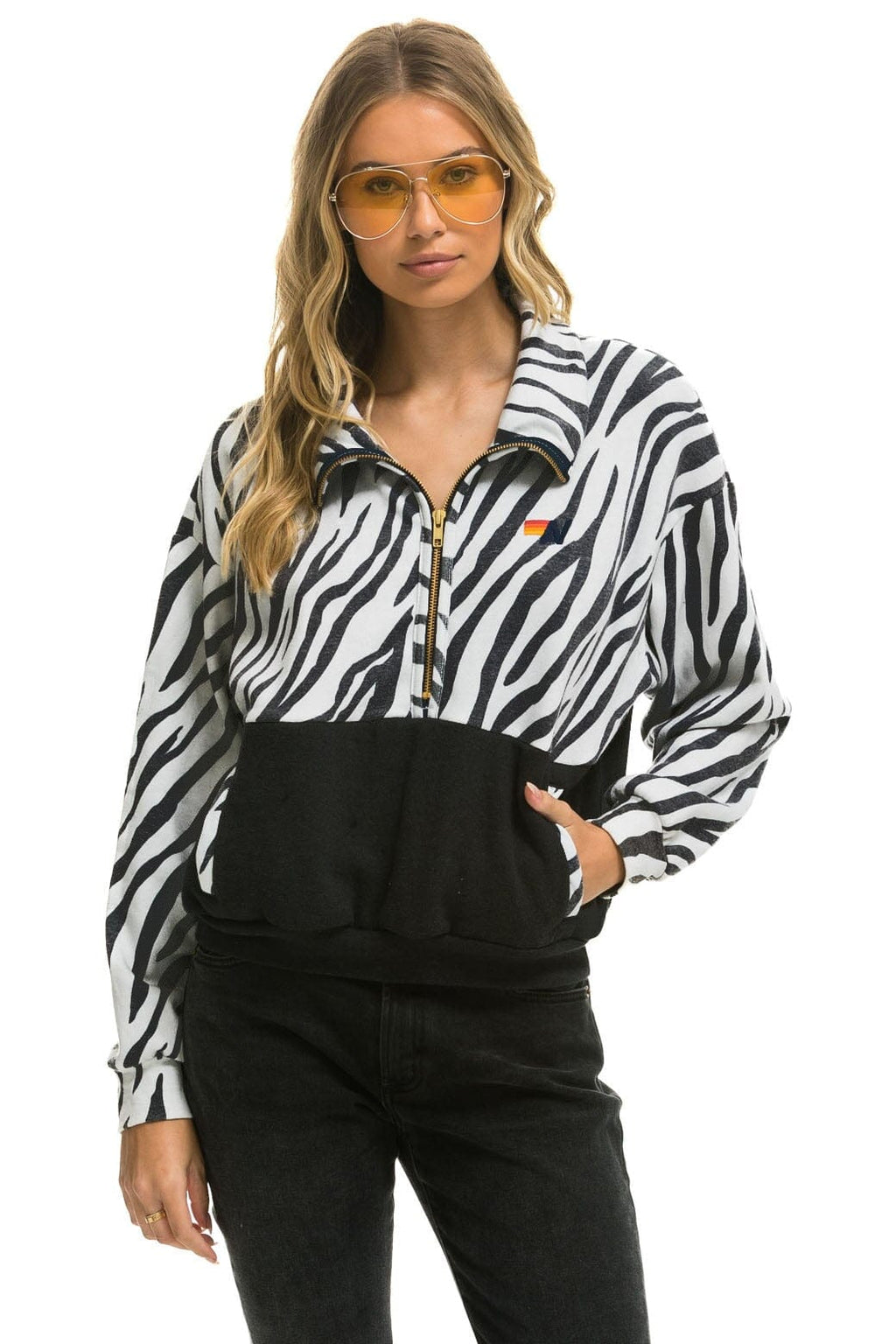 Retro ZEBRA FLEECE UNISEX HALF ZIP COLOR BLOCK JACKET - ZEBRA