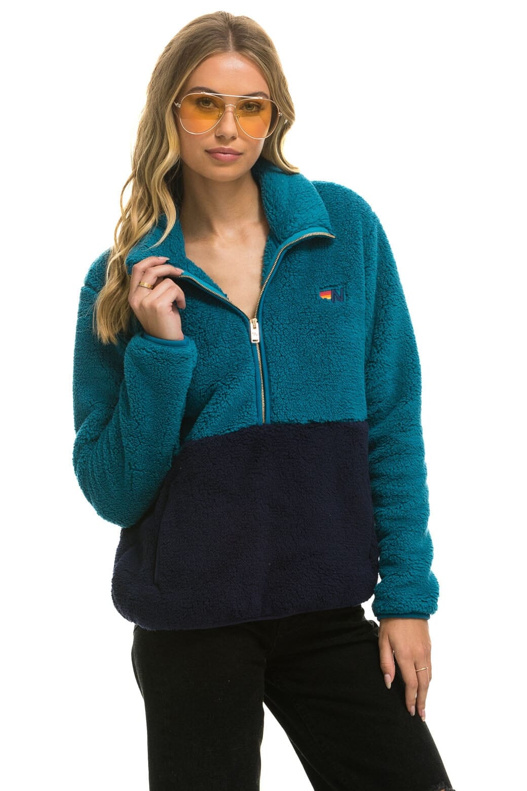 Retro TEDDY UNISEX HALF ZIP COLOR BLOCK JACKET - CAPRI