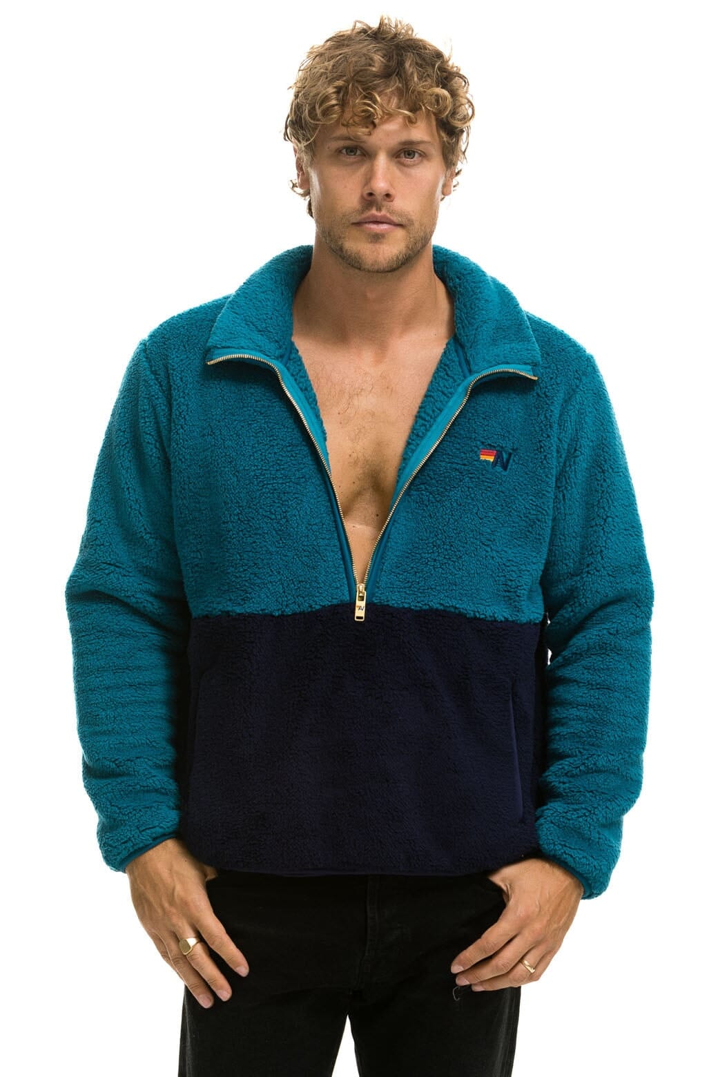 Retro TEDDY UNISEX HALF ZIP COLOR BLOCK JACKET - CAPRI