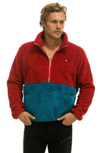 Retro TEDDY UNISEX HALF ZIP COLOR BLOCK JACKET - CHERRY