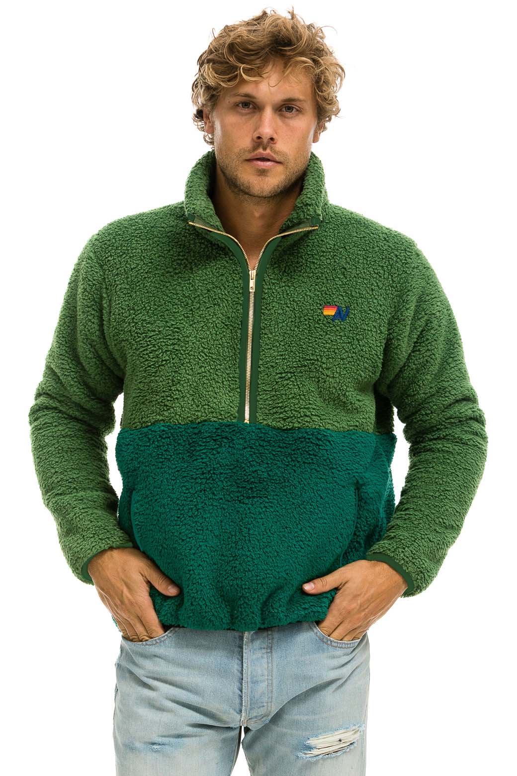 Retro TEDDY UNISEX HALF ZIP COLOR BLOCK JACKET - GARDEN GREEN