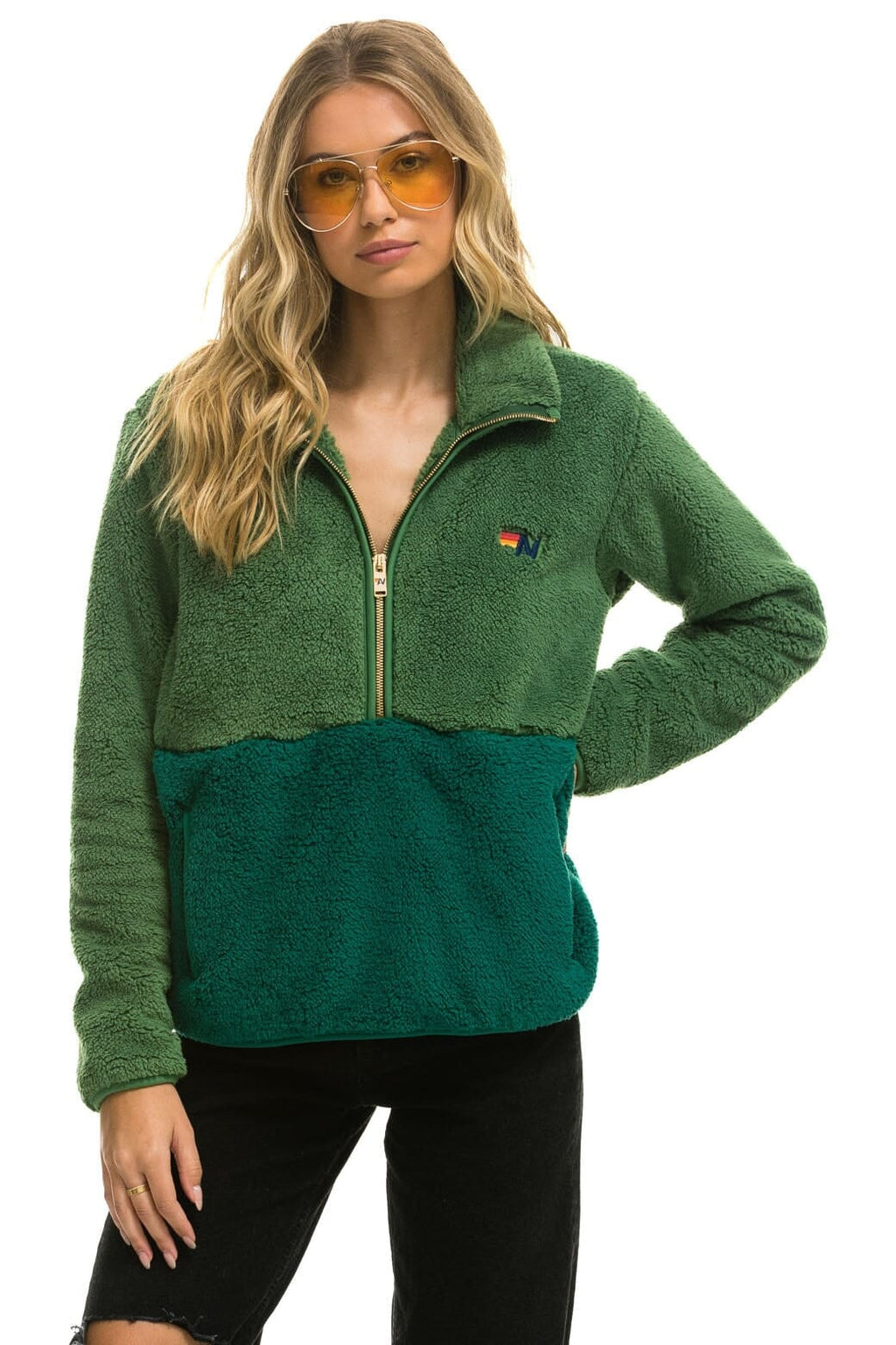 Retro TEDDY UNISEX HALF ZIP COLOR BLOCK JACKET - GARDEN GREEN