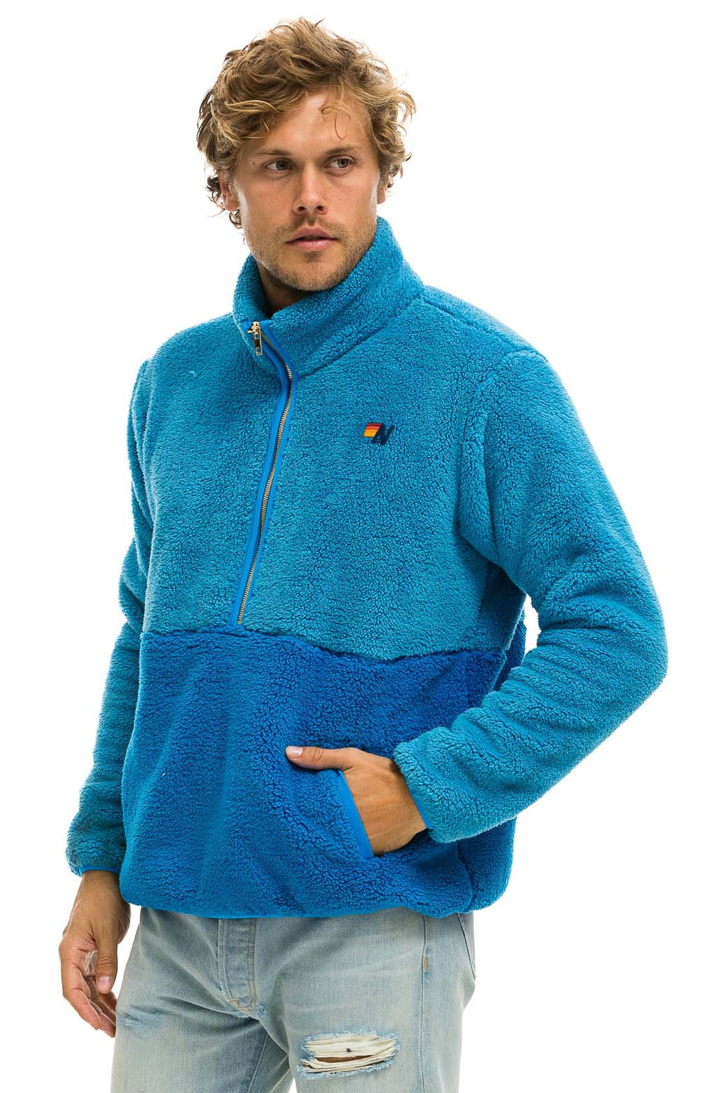 Retro TEDDY UNISEX HALF ZIP COLOR BLOCK JACKET - OCEAN