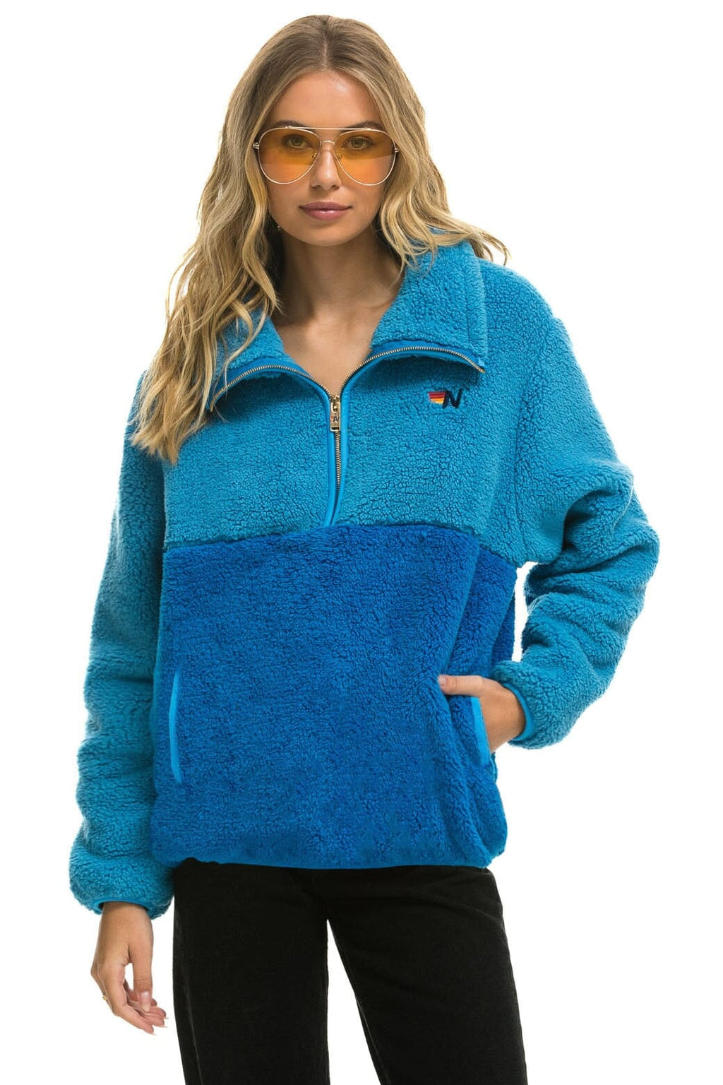 Retro TEDDY UNISEX HALF ZIP COLOR BLOCK JACKET - OCEAN