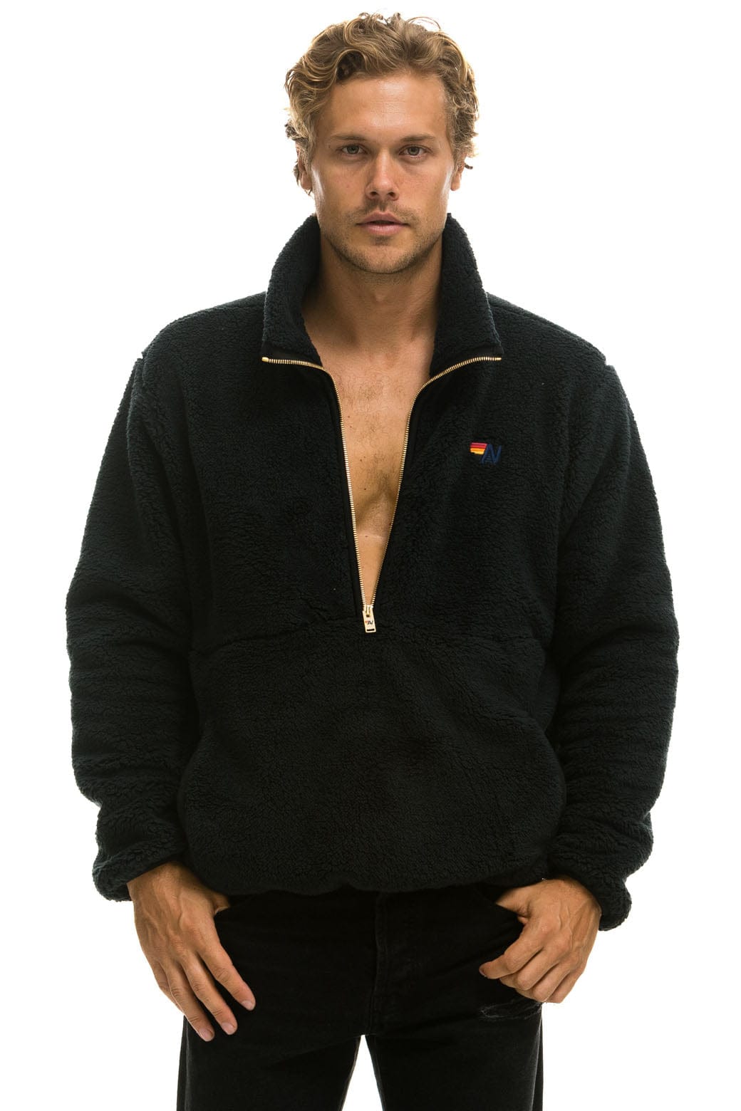 Retro TEDDY UNISEX HALF ZIP JACKET - BLACK