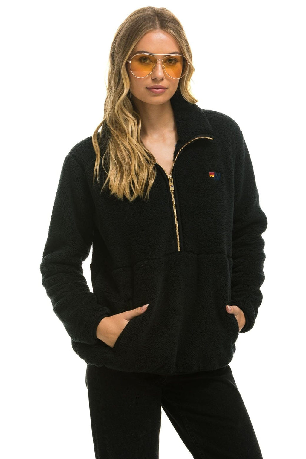 Retro TEDDY UNISEX HALF ZIP JACKET - BLACK