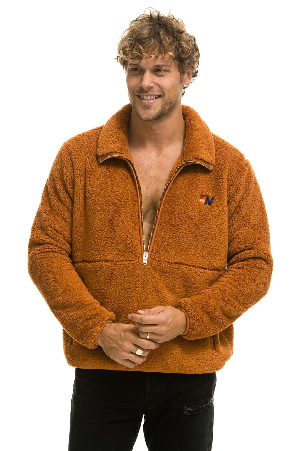 Retro TEDDY UNISEX HALF ZIP JACKET - WHISKEY
