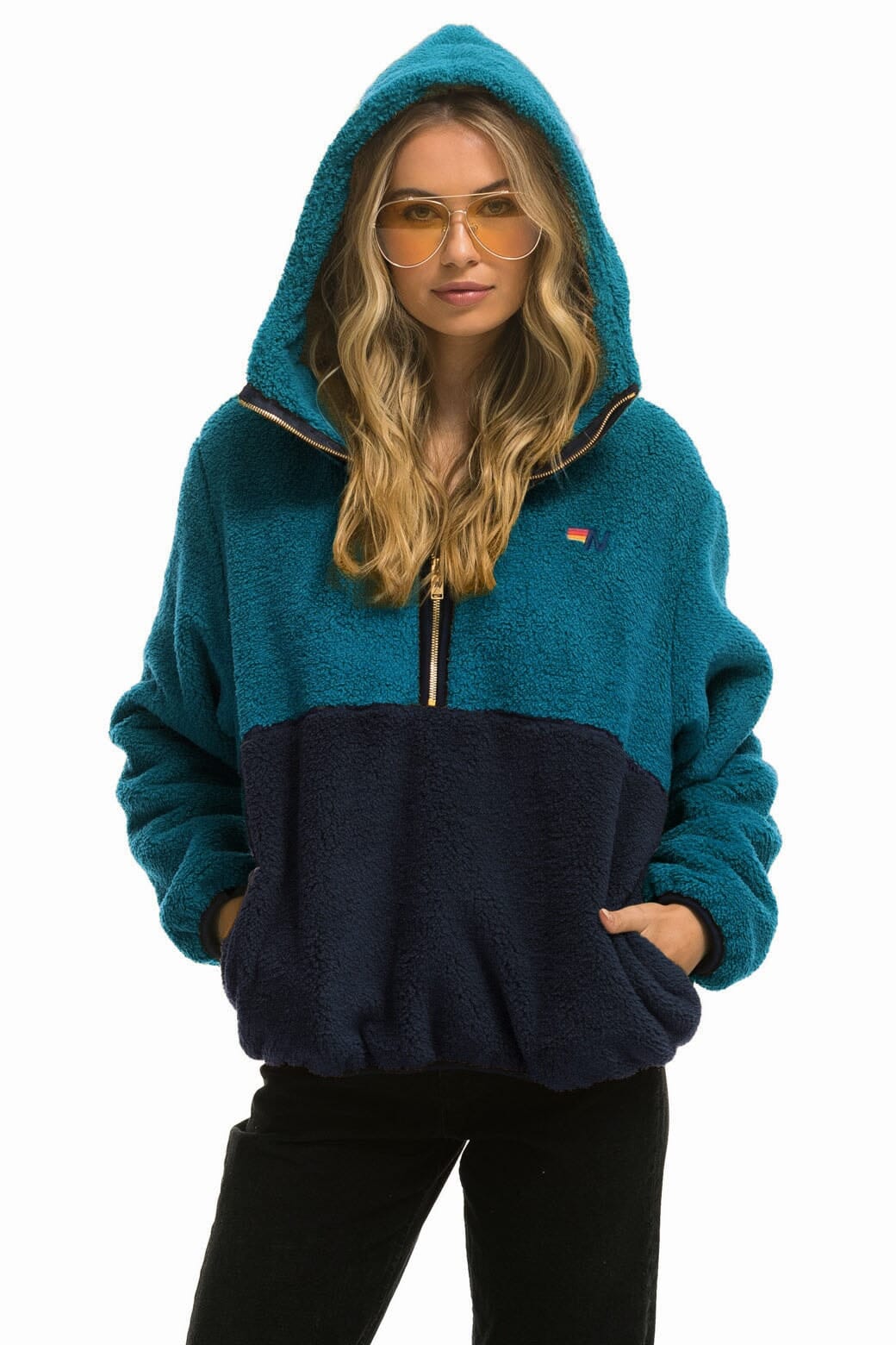 Retro TEDDY APRES HOODED HALF ZIP COLOR BLOCK JACKET - CAPRI