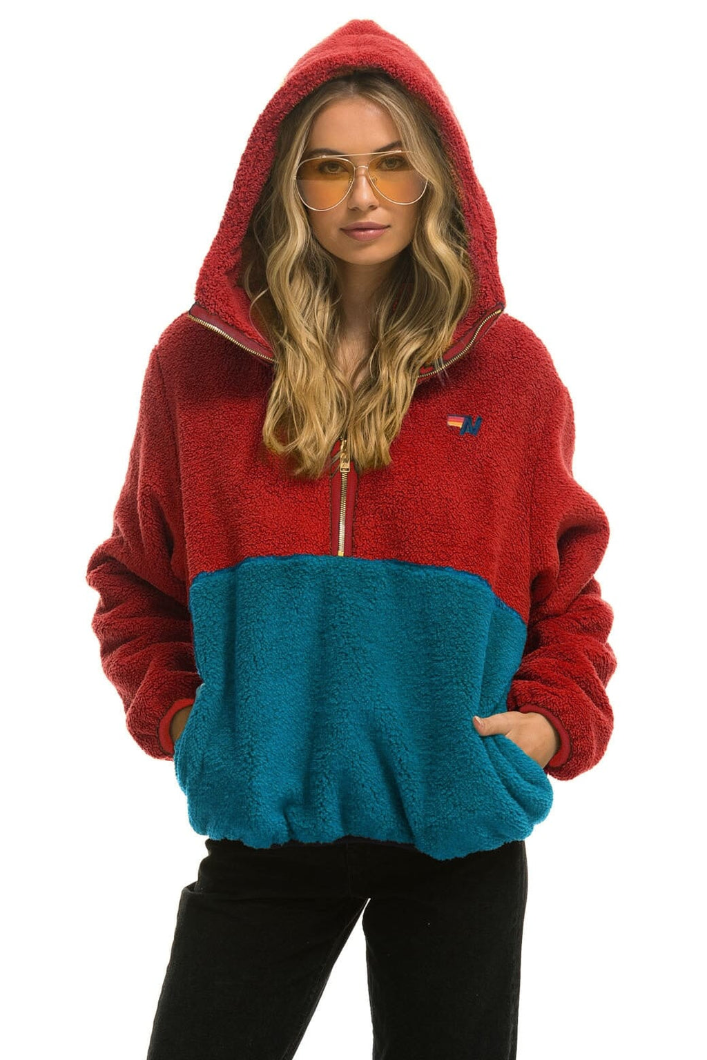 Retro TEDDY UNISEX HOODED HALF ZIP COLOR BLOCK JACKET - CHERRY