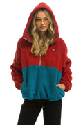 Retro TEDDY UNISEX HOODED HALF ZIP COLOR BLOCK JACKET - CHERRY