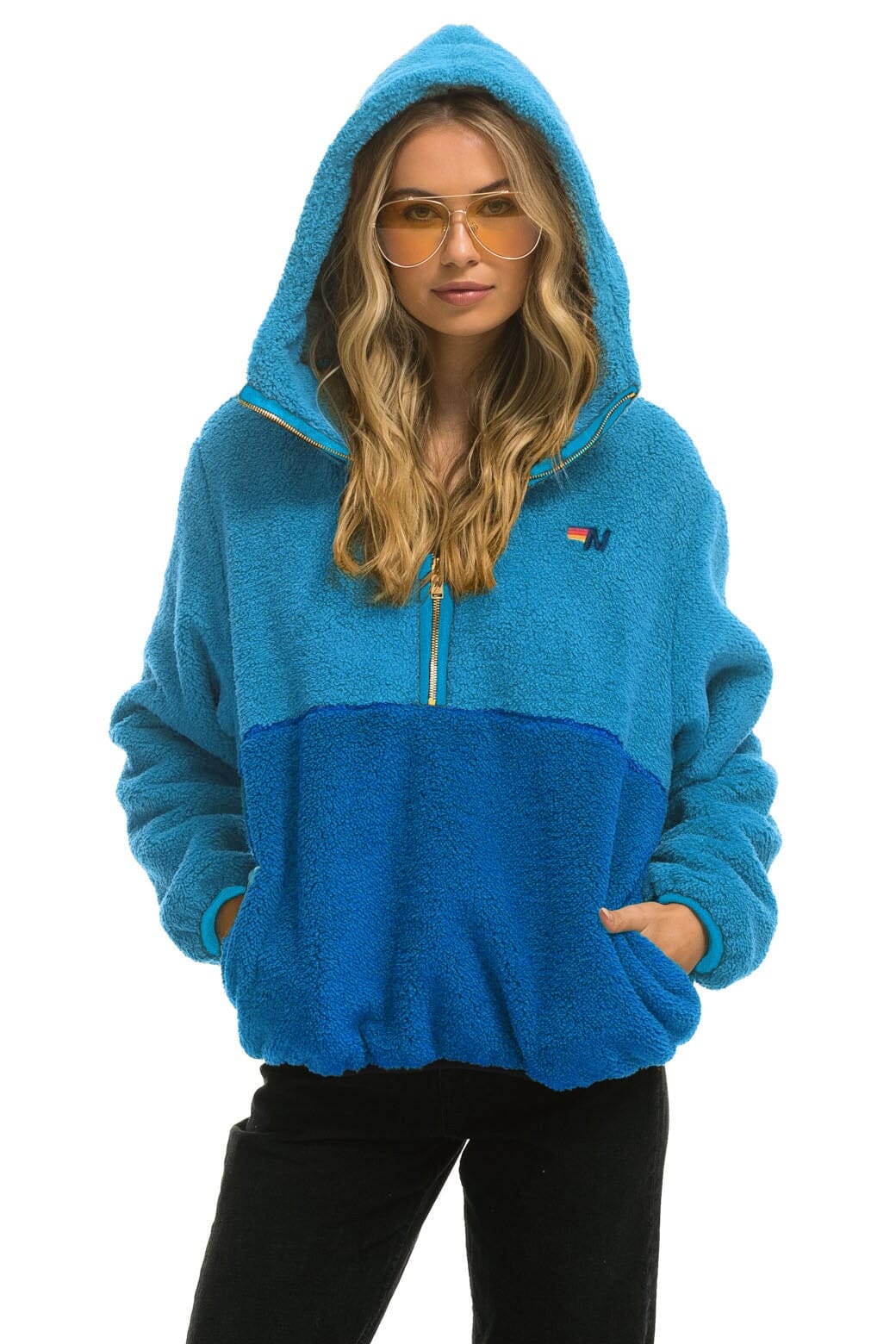 Retro TEDDY UNISEX HOODED HALF ZIP COLOR BLOCK JACKET - OCEAN