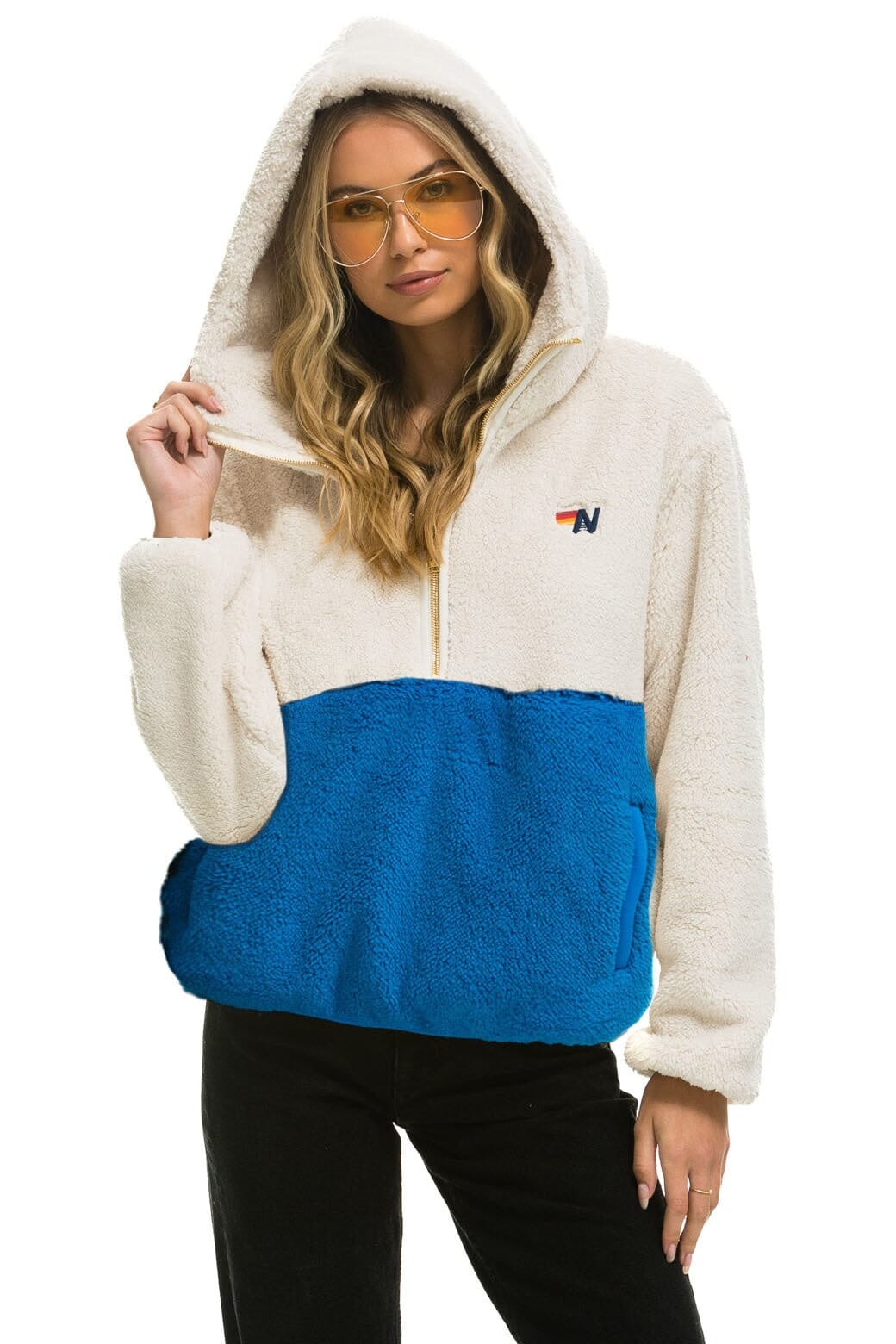 Retro TEDDY UNISEX HOODED HALF ZIP COLOR BLOCK JACKET - VINTAGE WHITE