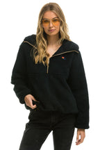 Retro TEDDY UNISEX HOODED HALF ZIP JACKET - BLACK