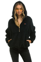 Retro TEDDY UNISEX HOODED HALF ZIP JACKET - BLACK
