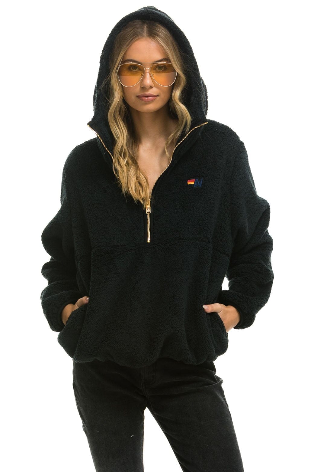 Retro TEDDY UNISEX HOODED HALF ZIP JACKET - BLACK