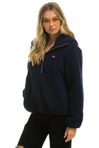Retro TEDDY UNISEX HOODED HALF ZIP JACKET - NAVY
