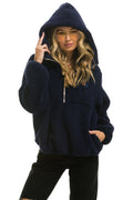 Retro TEDDY UNISEX HOODED HALF ZIP JACKET - NAVY