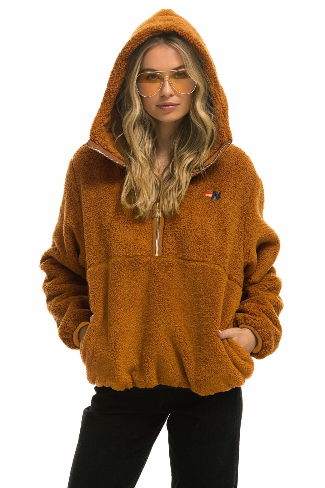 Retro TEDDY UNISEX HOODED HALF ZIP JACKET - WHISKEY