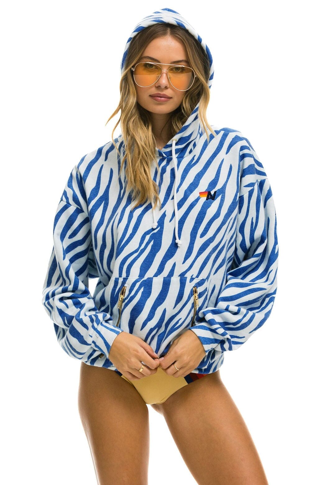 Retro TIGER RELAXED PULLOVER HOODIE WITH ZIPPER POCKETS - BLUE TIGER