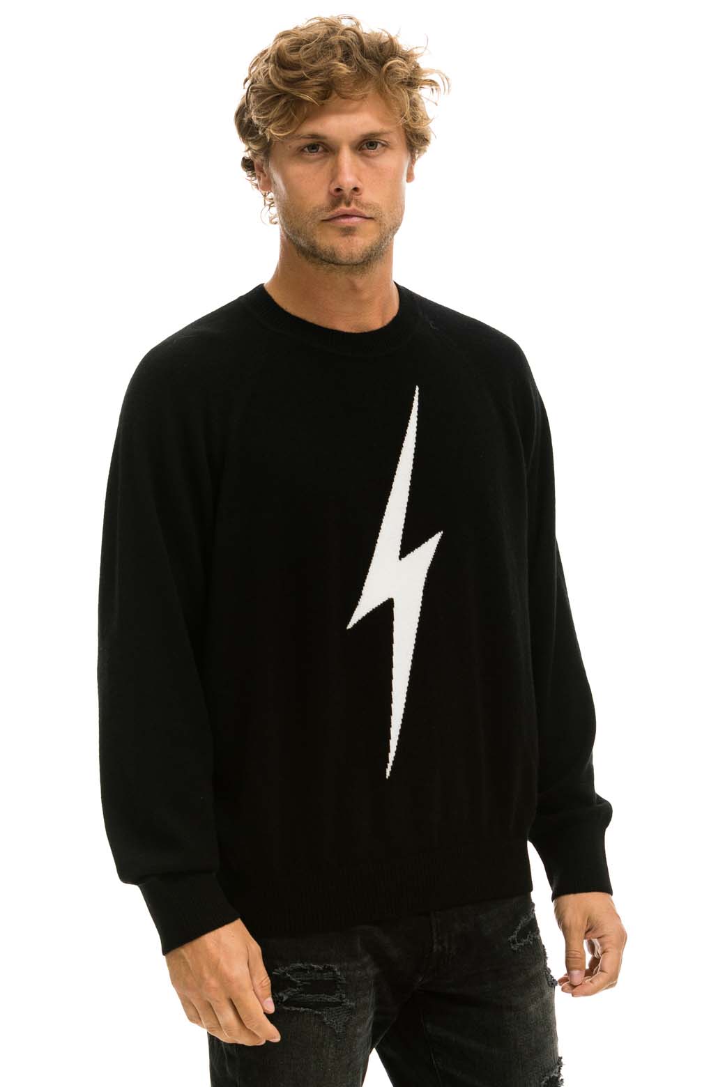 Retro UNISEX BOLT CASHMERE LIGHT SWEATER - BLACK WHITE BOLT