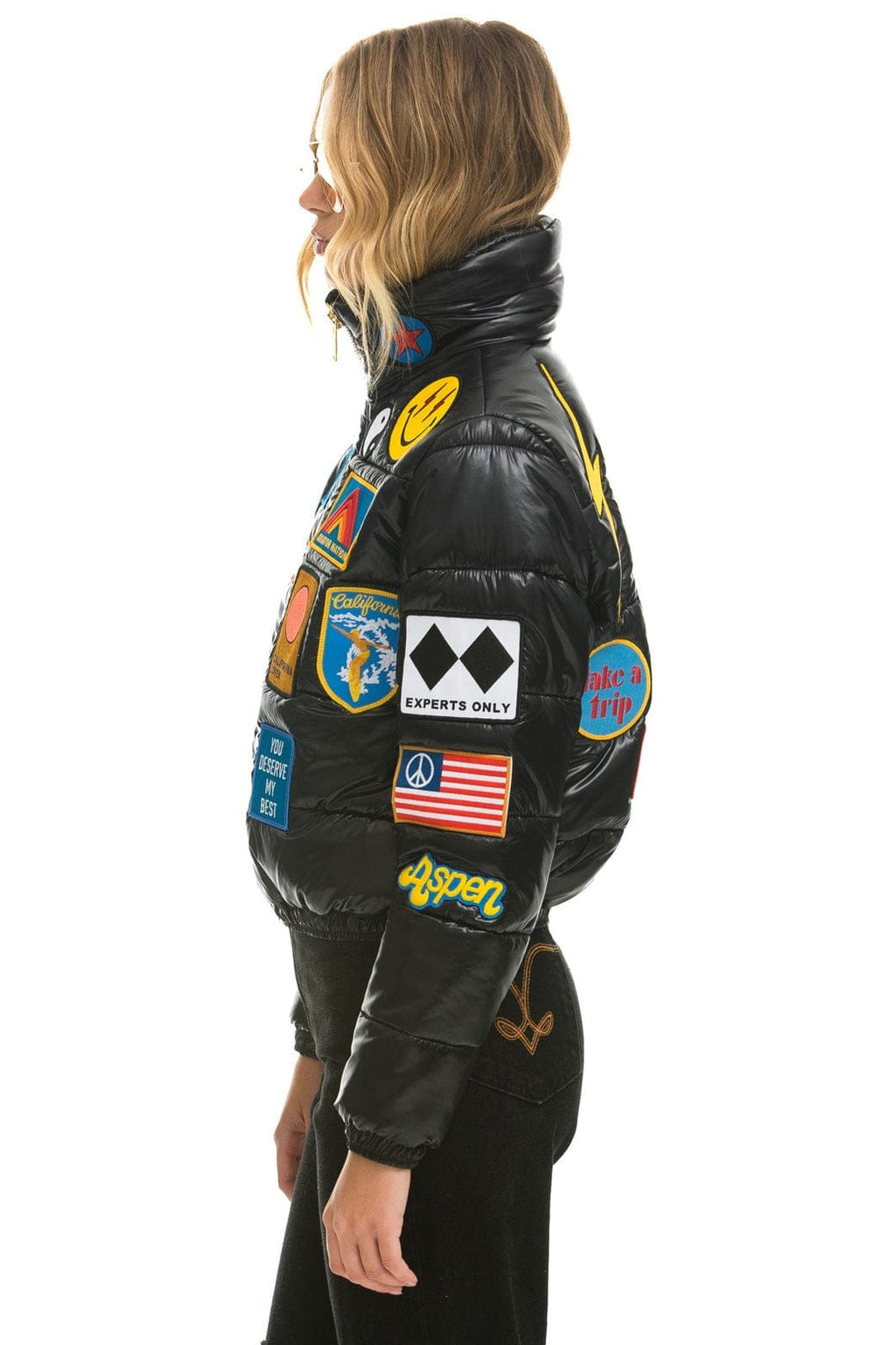 Retro VINTAGE PATCH APRES PUFFER JACKET - BLACK GLOSSY