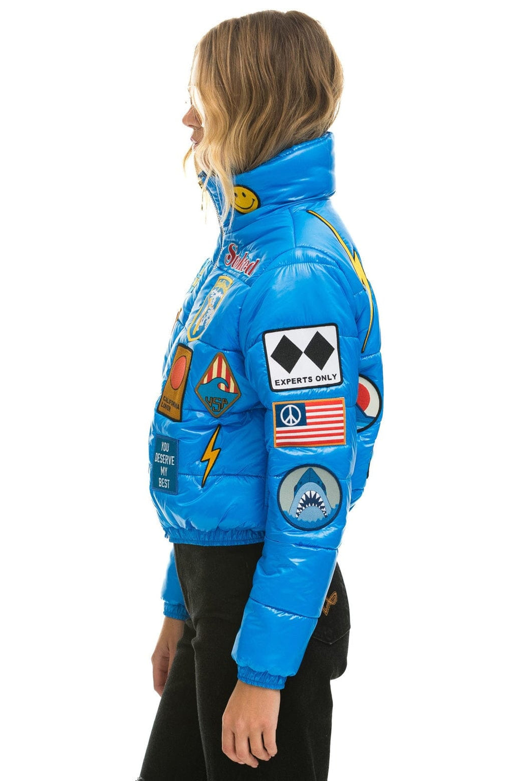 Retro VINTAGE PATCH APRES PUFFER JACKET - BLUE CINA GLOSSY