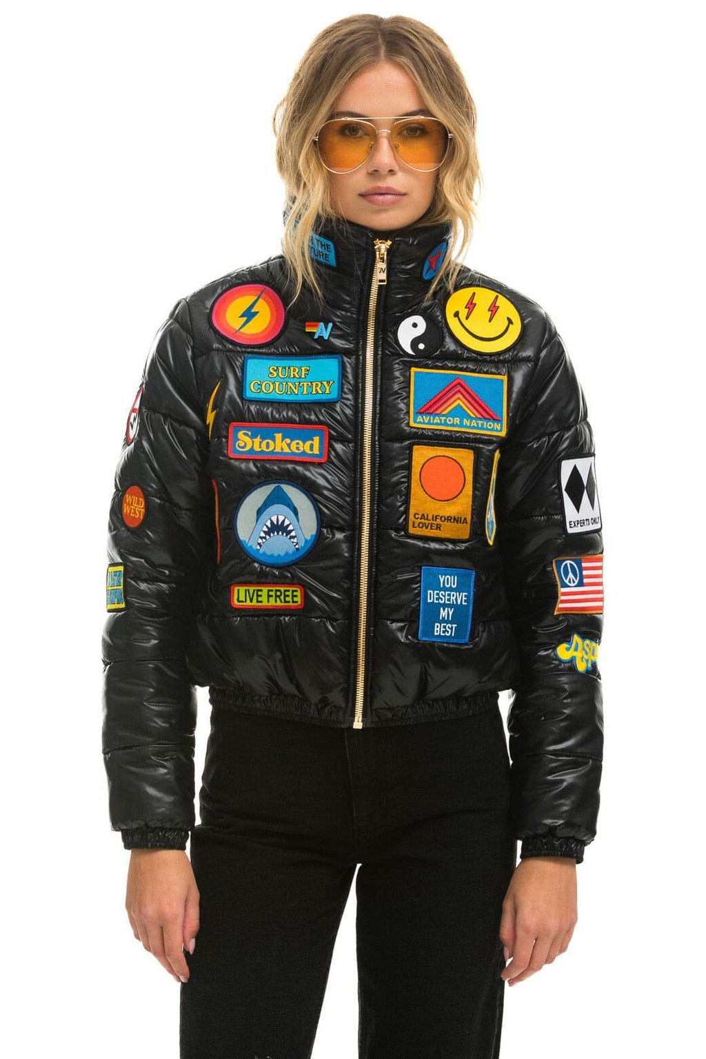 Retro VINTAGE PATCH APRES PUFFER JACKET - BLACK GLOSSY