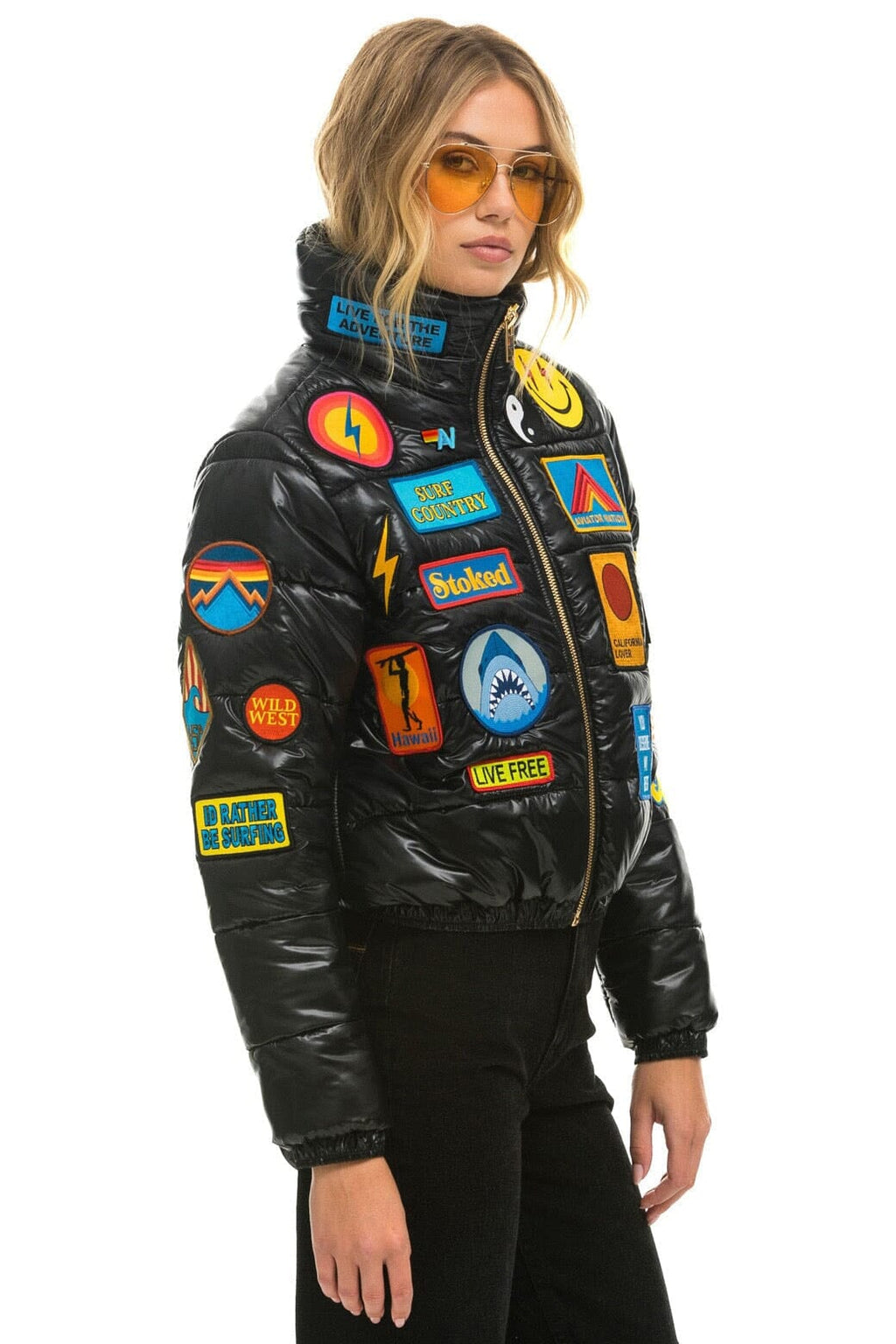 Retro VINTAGE PATCH APRES PUFFER JACKET - BLACK GLOSSY