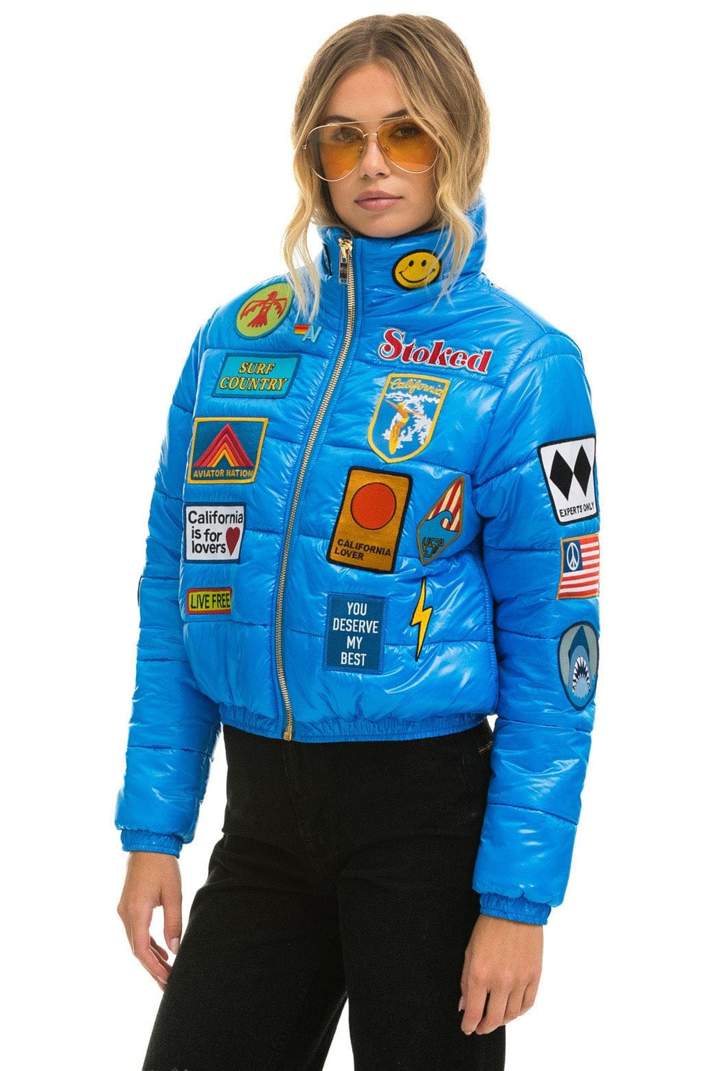 Retro VINTAGE PATCH APRES PUFFER JACKET - BLUE CINA GLOSSY