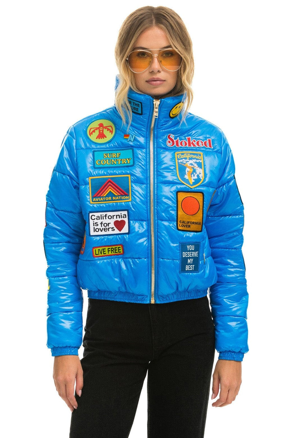 Retro VINTAGE PATCH APRES PUFFER JACKET - BLUE CINA GLOSSY